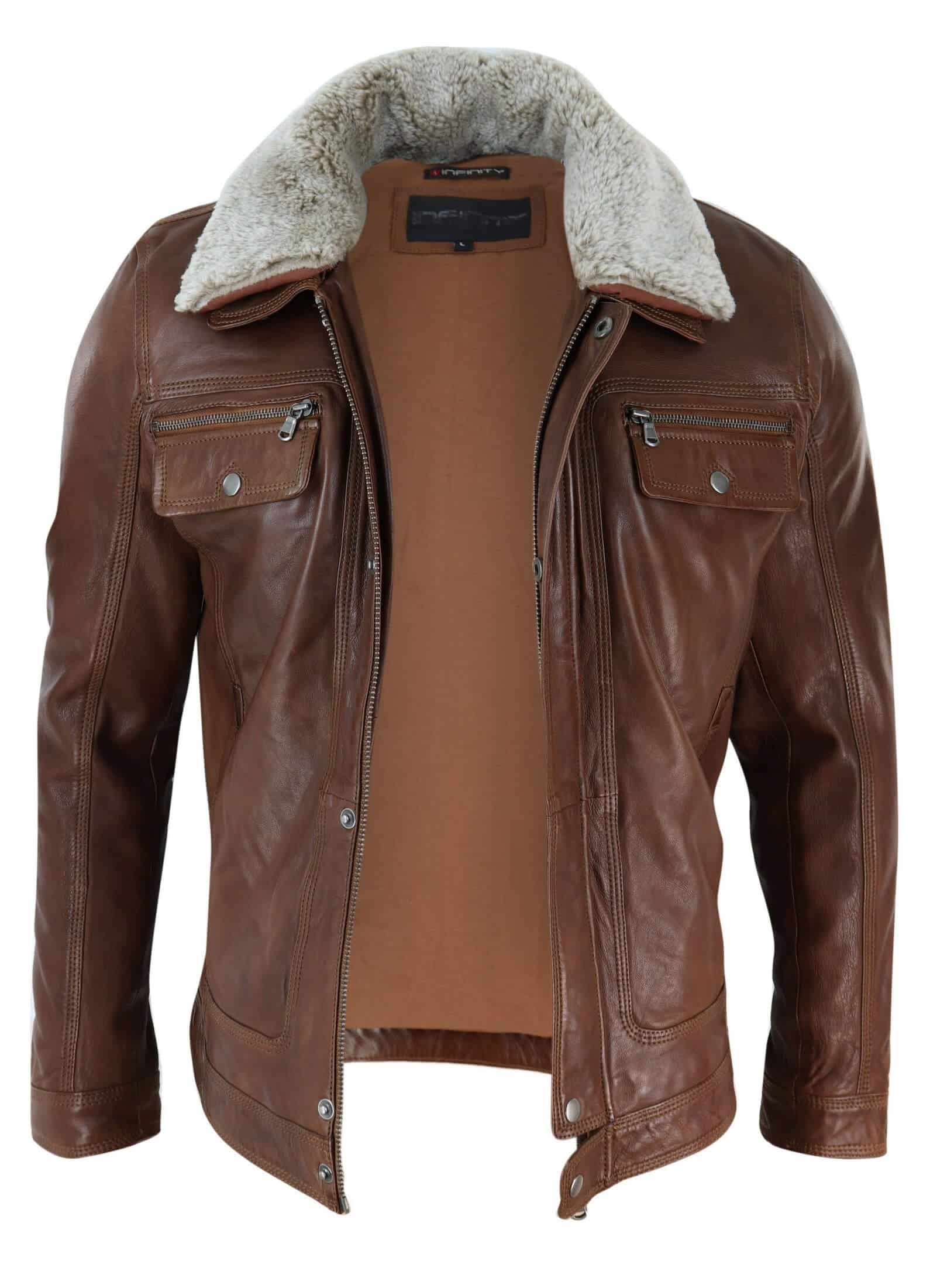 Mens Black brown Real Leather Jacket Sheepskin Collar Short Zip Button - Timber
