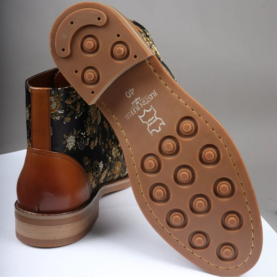 Adan - Men's Floral Print Leather Oxford Ankle Brown Boots