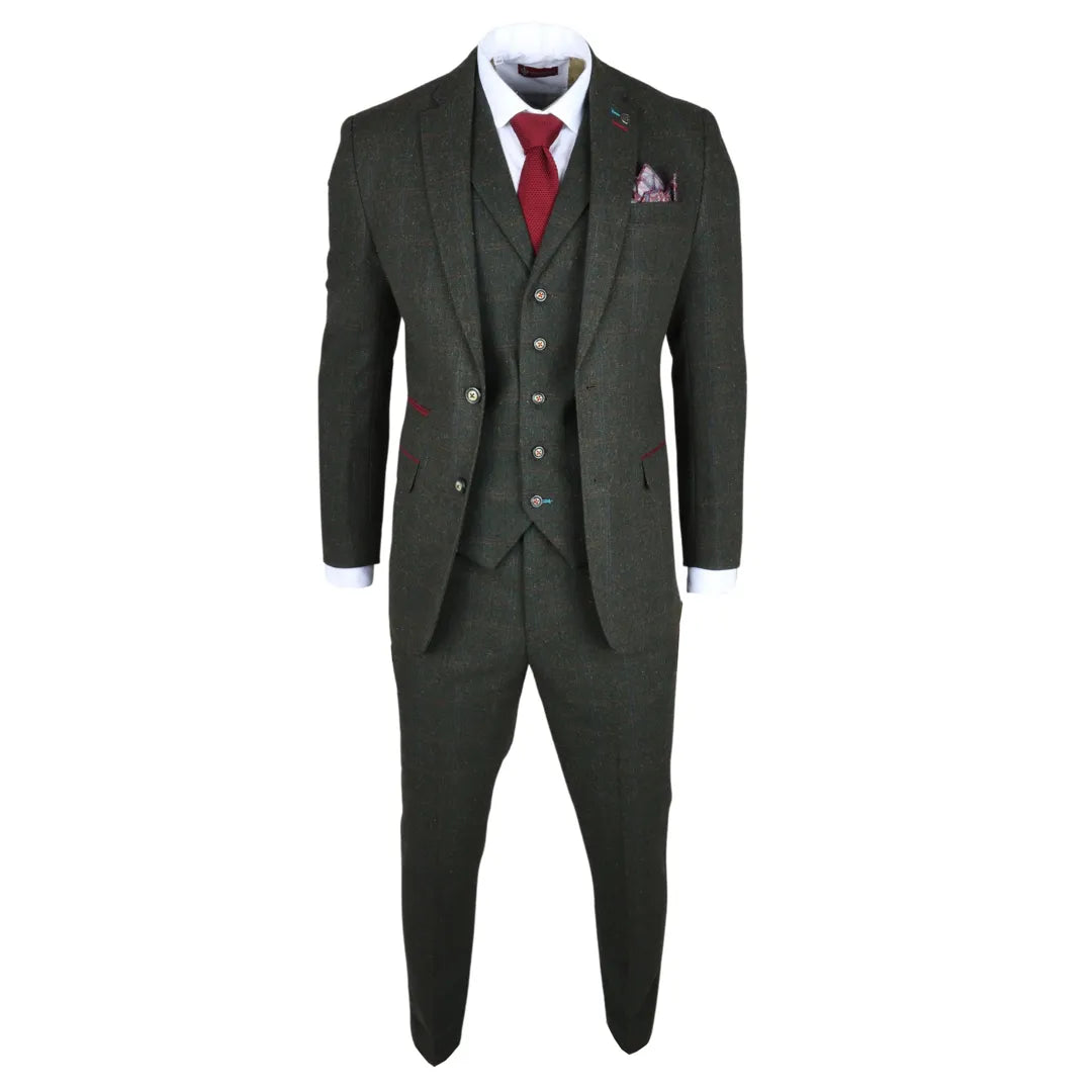 Joshua Men's 3-Piece Green Tweed Slim Fit Suit