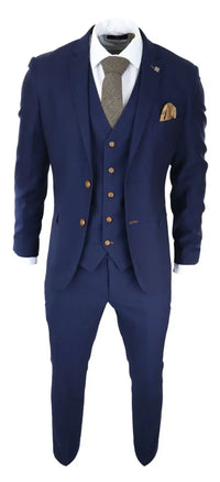 Mens Navy 3 piece Suit Brown Trim Classic Birdseye Vintage Wedding Grooms