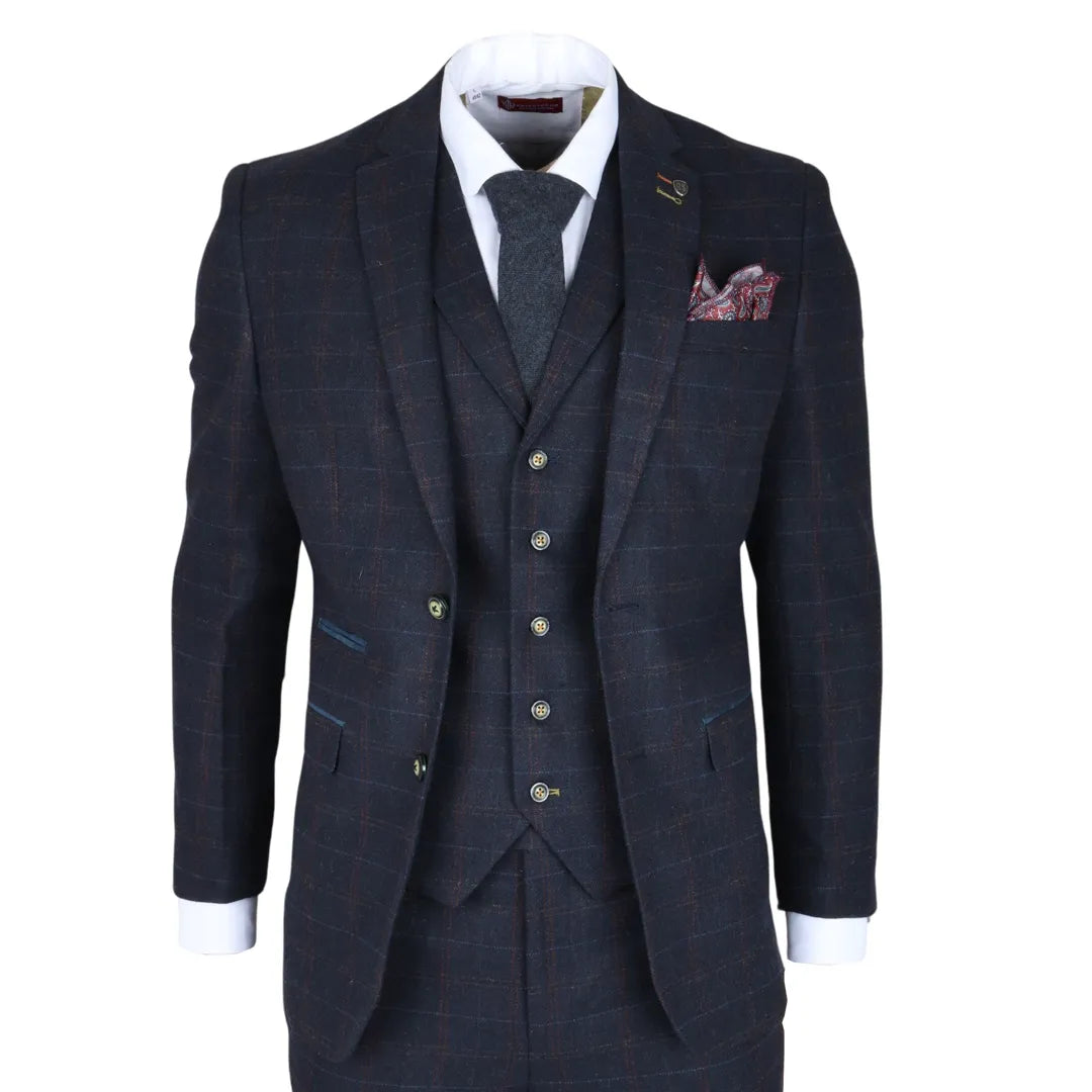 Ryan Men's Navy 3-Piece Tweed Slim Fit Suit