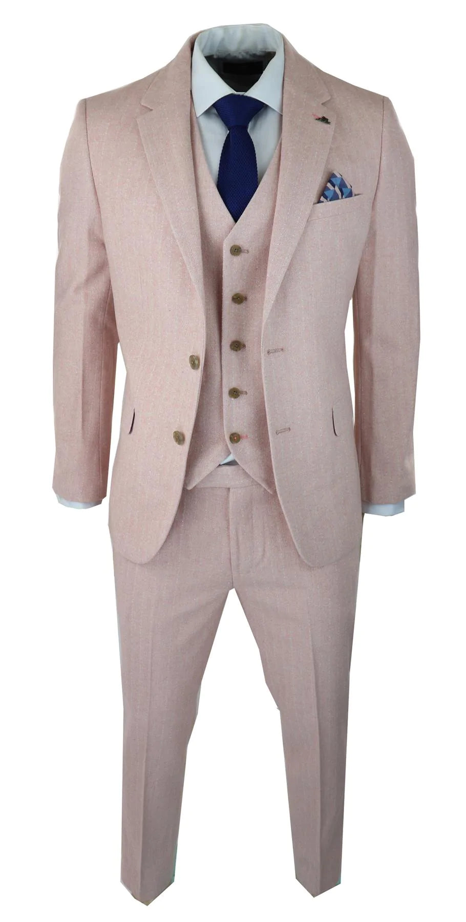 Mens Herringbone Tweed 3 Piece Suit Pink Blush Retro Vintage Short Reg Long