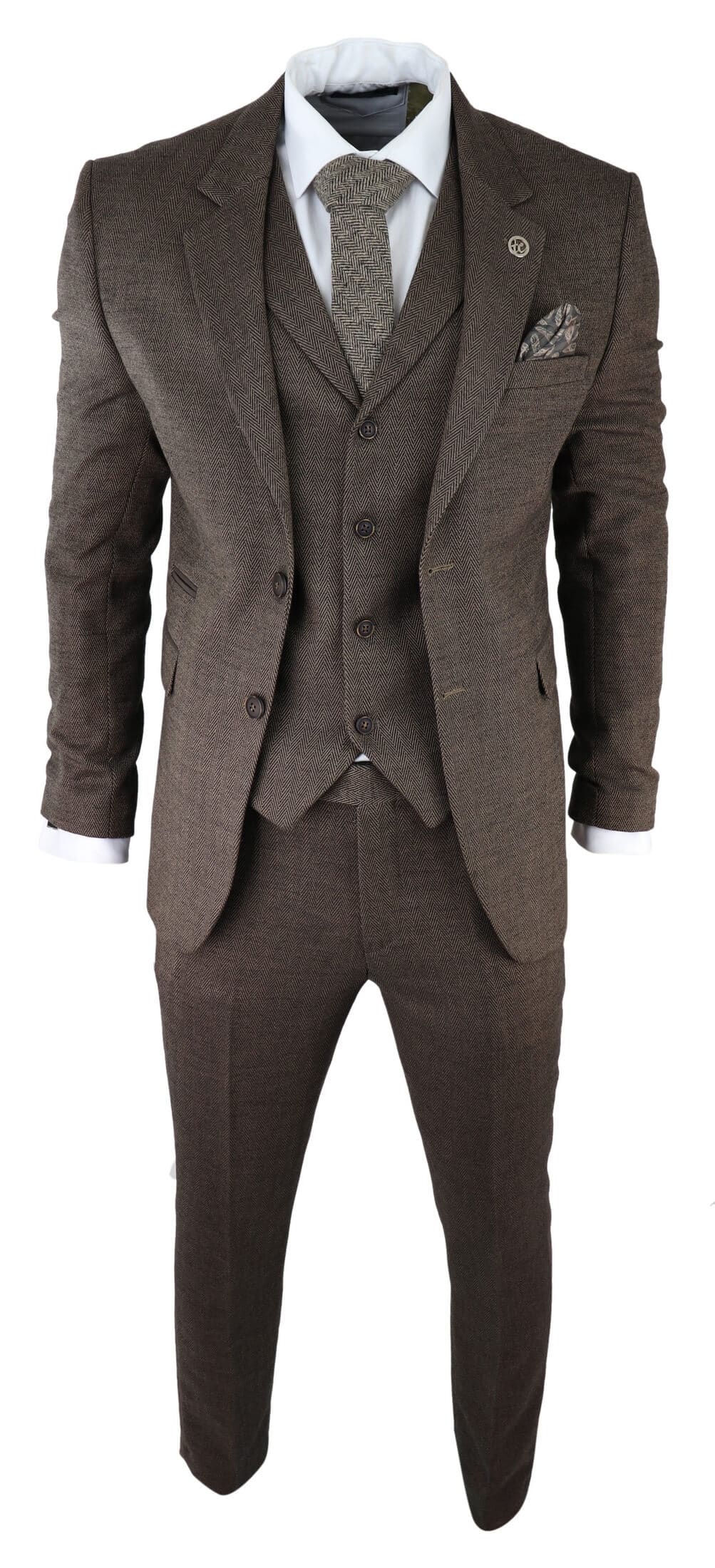 Men's Brown Herringbone Tweed 3 Piece Suit