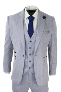 Mens 3 Piece Check Suit Tweed Light Blue Tailored Fit Wedding Peaky Classic