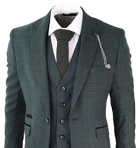 Mens 3 Piece Check Suit Tweed Olive Green Tailored Fit Wedding Peaky Classic