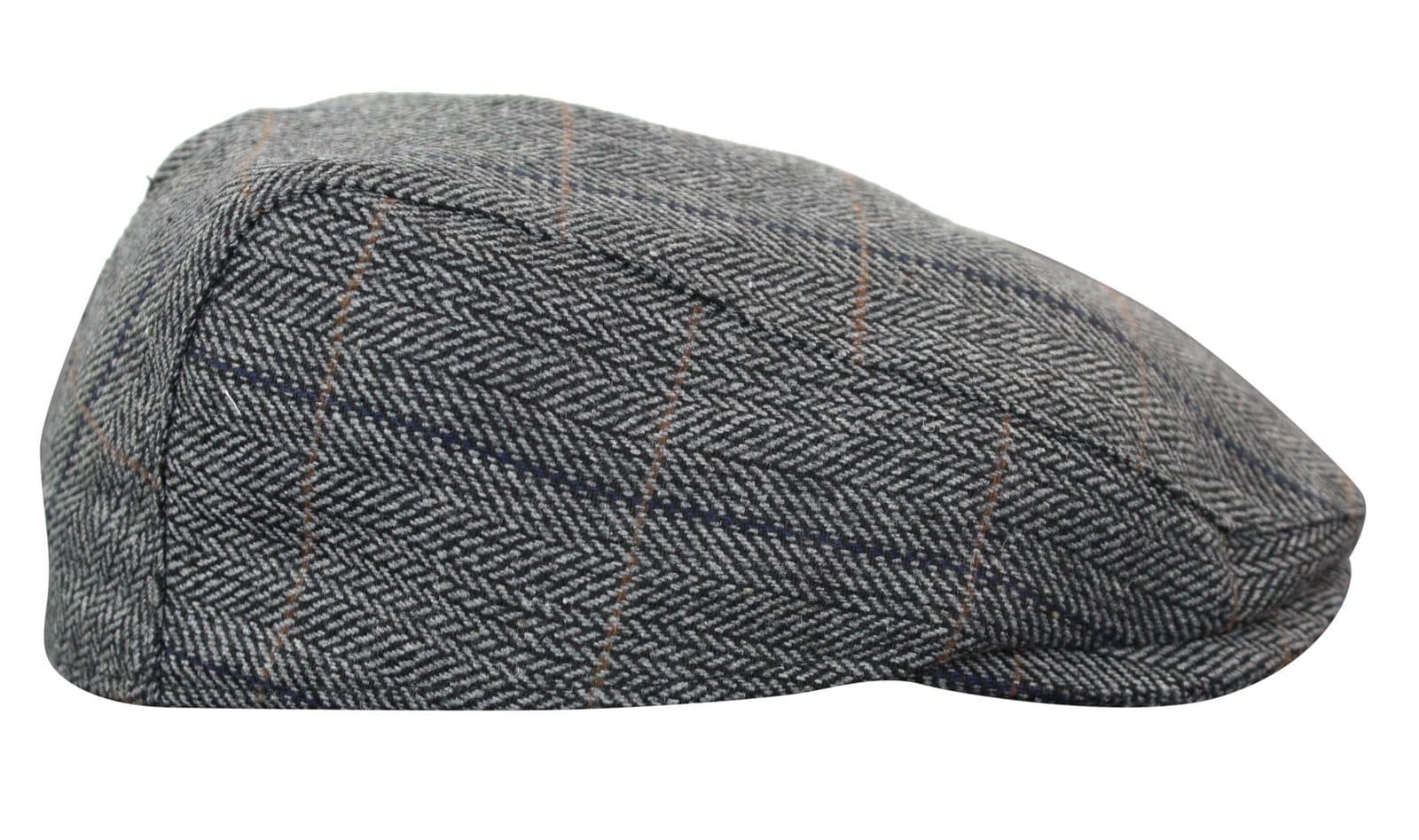 Cavani Albert Mens Tweed Flat Cap - Herringbone Tweed Wool Grandad Flat Hats Vintage - Tan Brown/Charcoal Grey