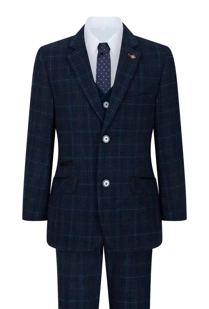 Boys Blue 3 Piece Suit Navy Check Wedding Prom Formal Vintage Tailored Fit