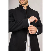 Men's Stand Collar Wool Blend Black Overcoat