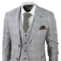 Francis Men's Grey 3-Piece Wedding Suit with Tan Brown Check and Velvet Trim