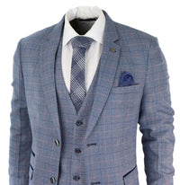 Mens 3 Piece Suit Sky Blue Check Wool Feel Marc Darcy Tailored Fit Wedding Prom Harry