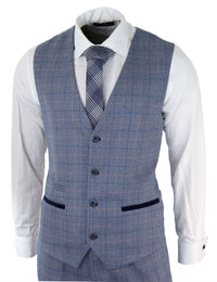 Mens 3 Piece Suit Sky Blue Check Wool Feel Marc Darcy Tailored Fit Wedding Prom Harry