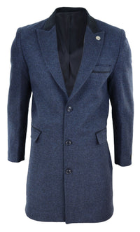 Herringbone Tweed 3/4 Long Overcoat-Navy