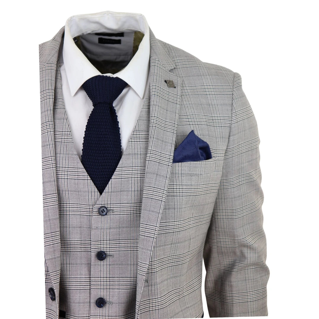 Hugo Men's Light Grey 3-Piece Suit with Navy Blue Check and Velvet Trims