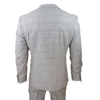 Hugo Men's Light Grey 3-Piece Suit with Navy Blue Check and Velvet Trims