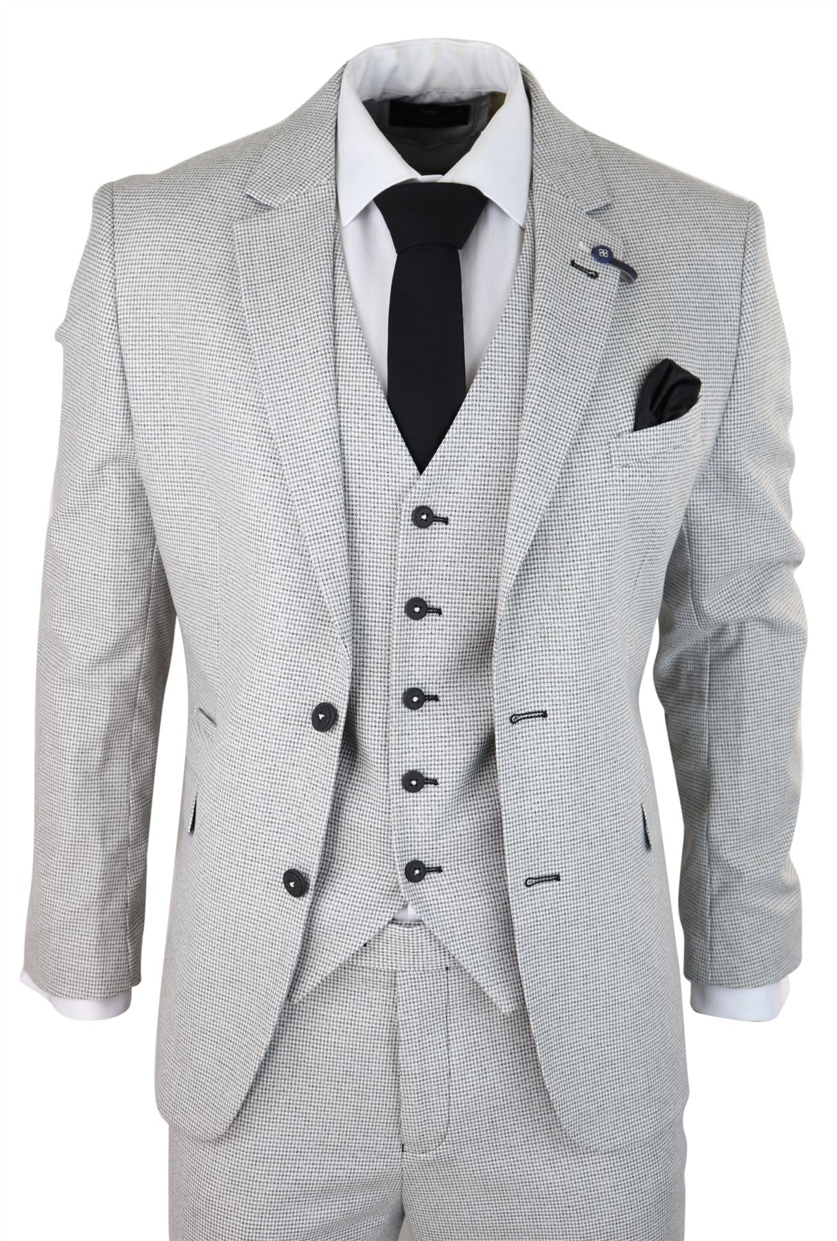Mens 3 Piece Light Grey Black Check Suit Tailored Fit Retro Vintage Classic Smart