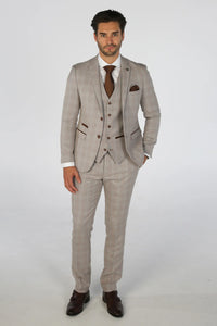 Leo - Men's Beige 3 Piece Checked Tailored Fit Suit