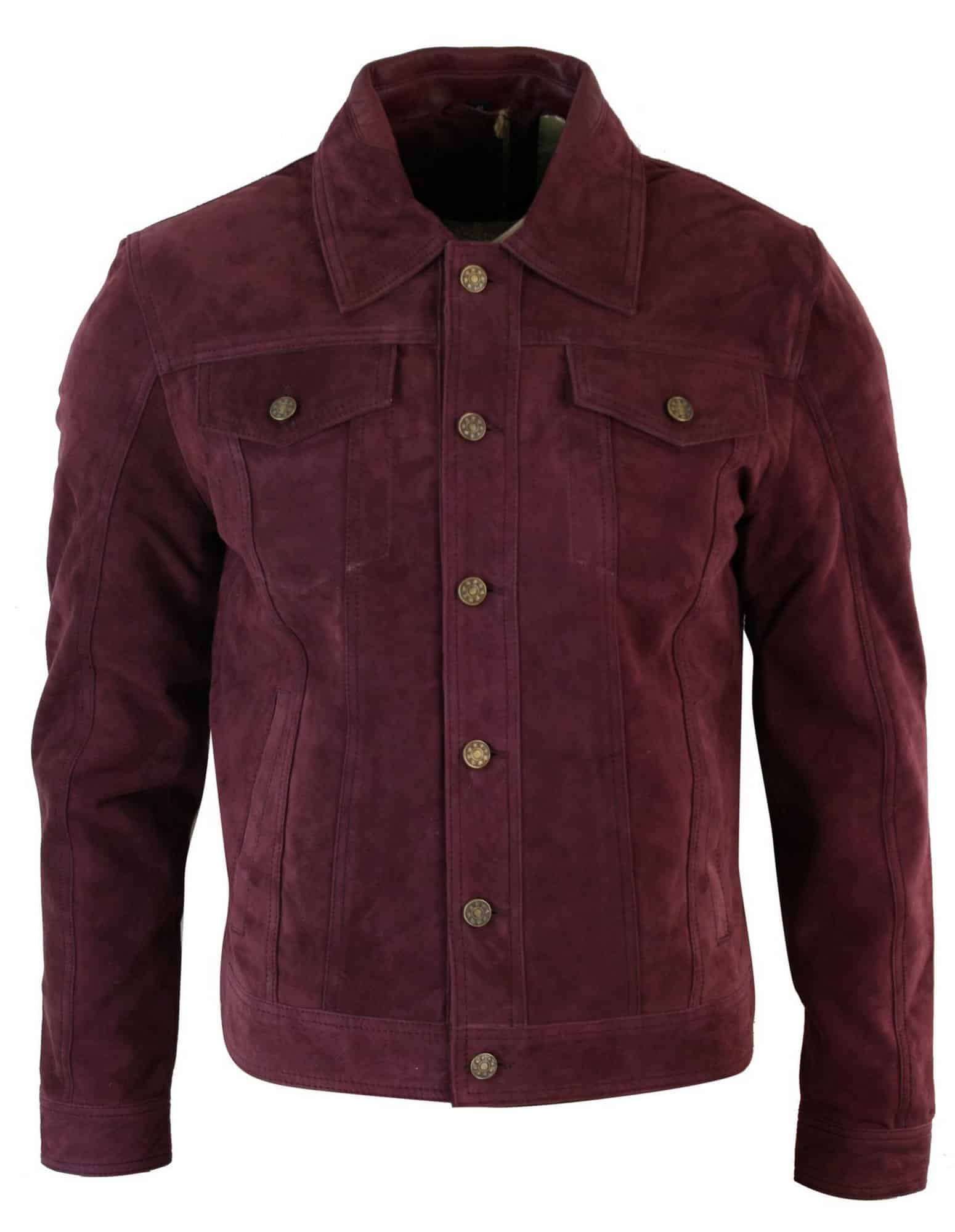 Real Suede Leather Mens Vintage Short Denim Style Retro Jean Jacket Casual - Burgundy Color