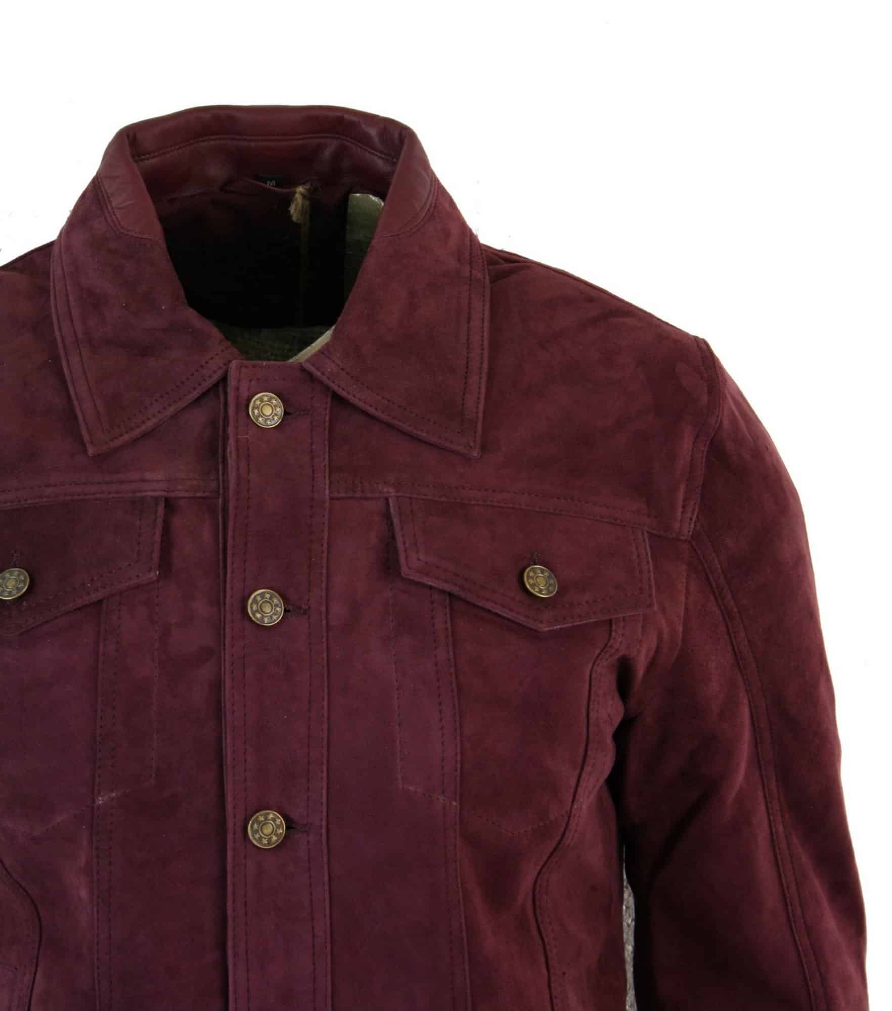 Real Suede Leather Mens Vintage Short Denim Style Retro Jean Jacket Casual - Burgundy Color