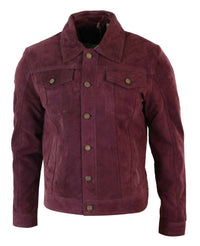 Real Suede Leather Mens Vintage Short Denim Style Retro Jean Jacket Casual - Burgundy Color