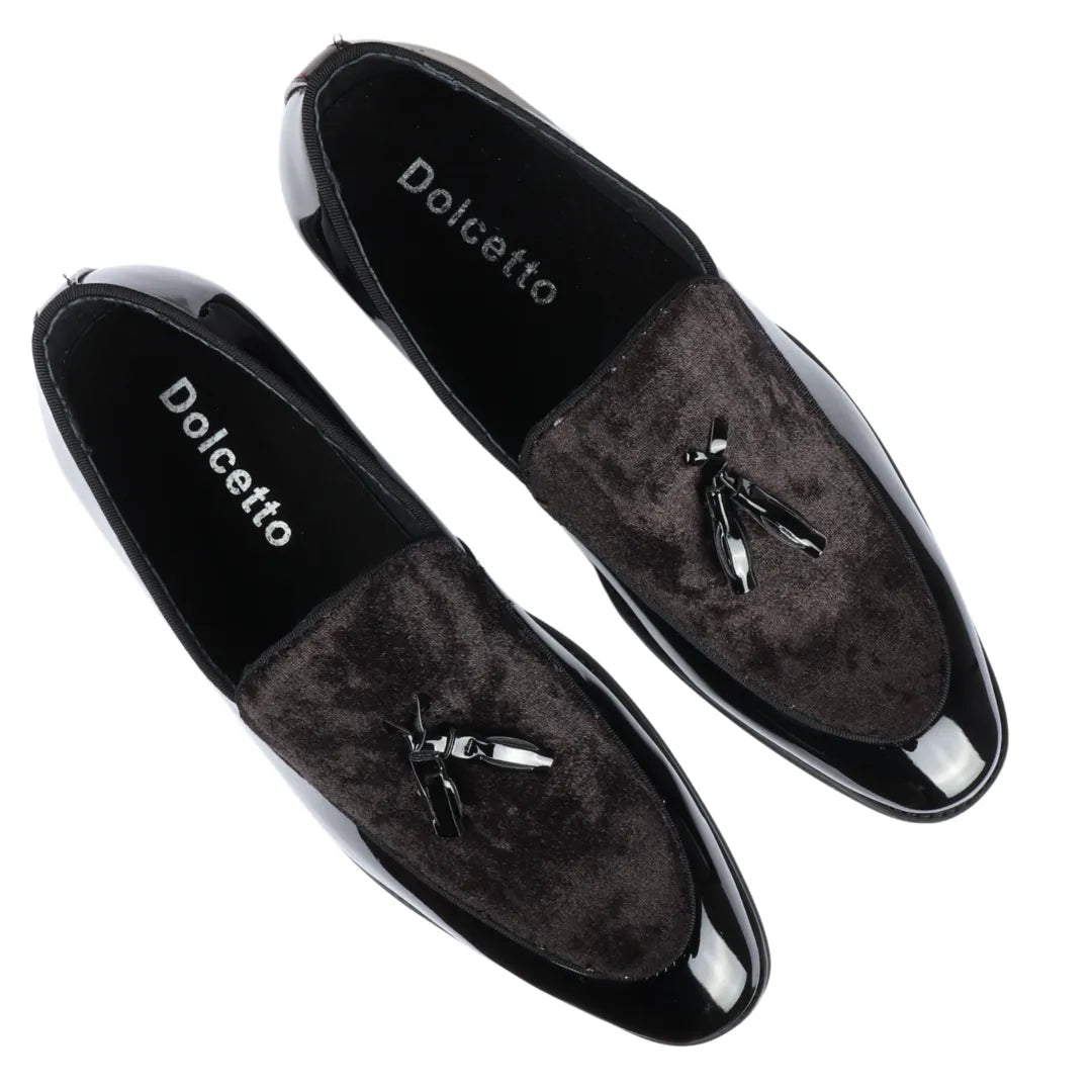 Men's Slip On Tassel Velvet Detailed Patent Black Loafers