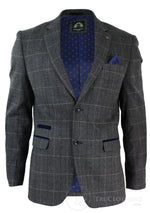 Mens Grey Check Herringbone Tweed Vintage Fit Blazer Jacket Blue Velvet Trim-Grey