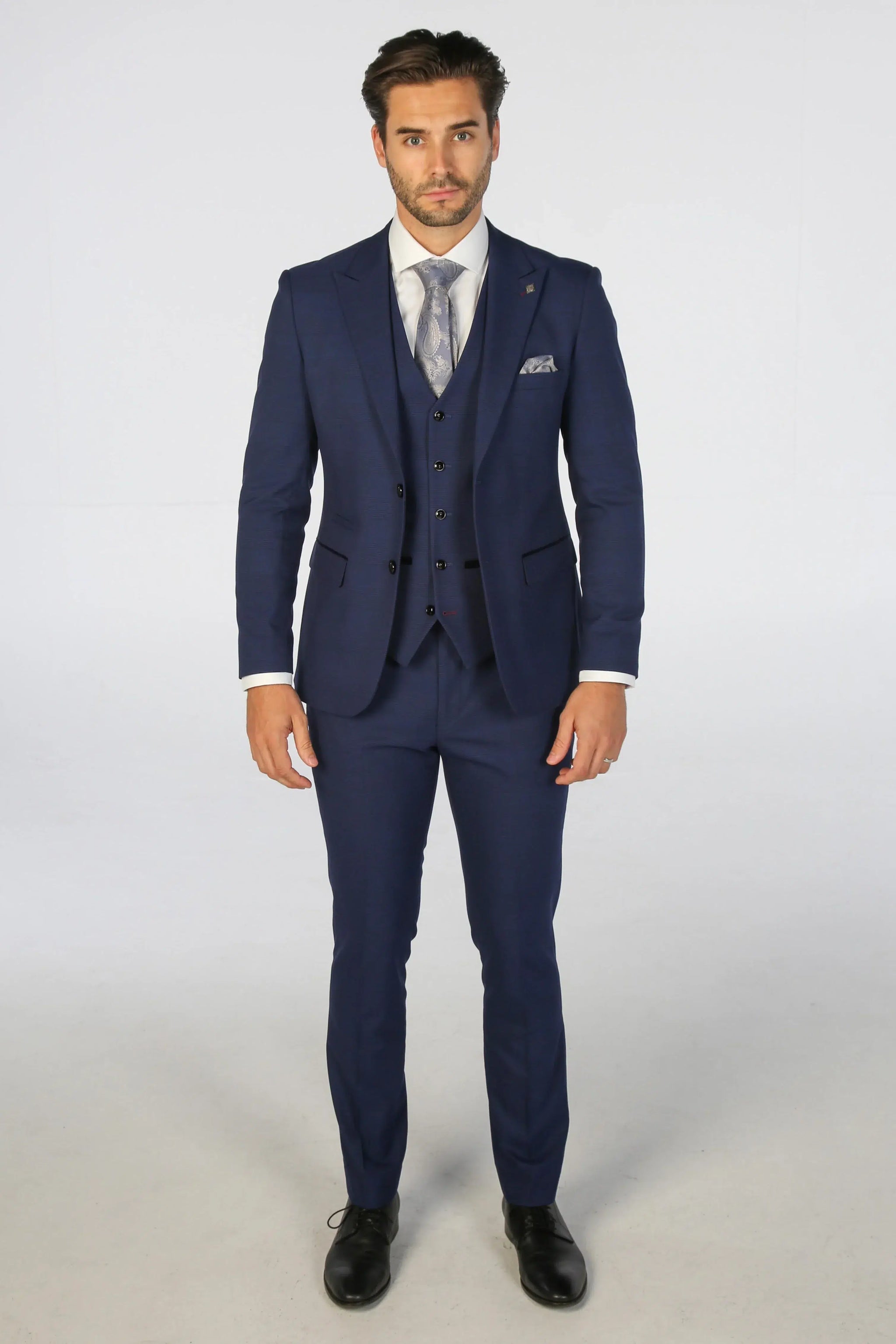 Mark - Men's Navy Blue 3 Piece Checked Tailored Fit Suit