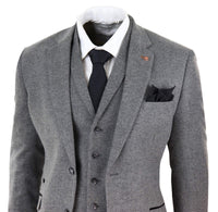 Mens Dark Grey Herringbone Tweed 3 Piece Suit