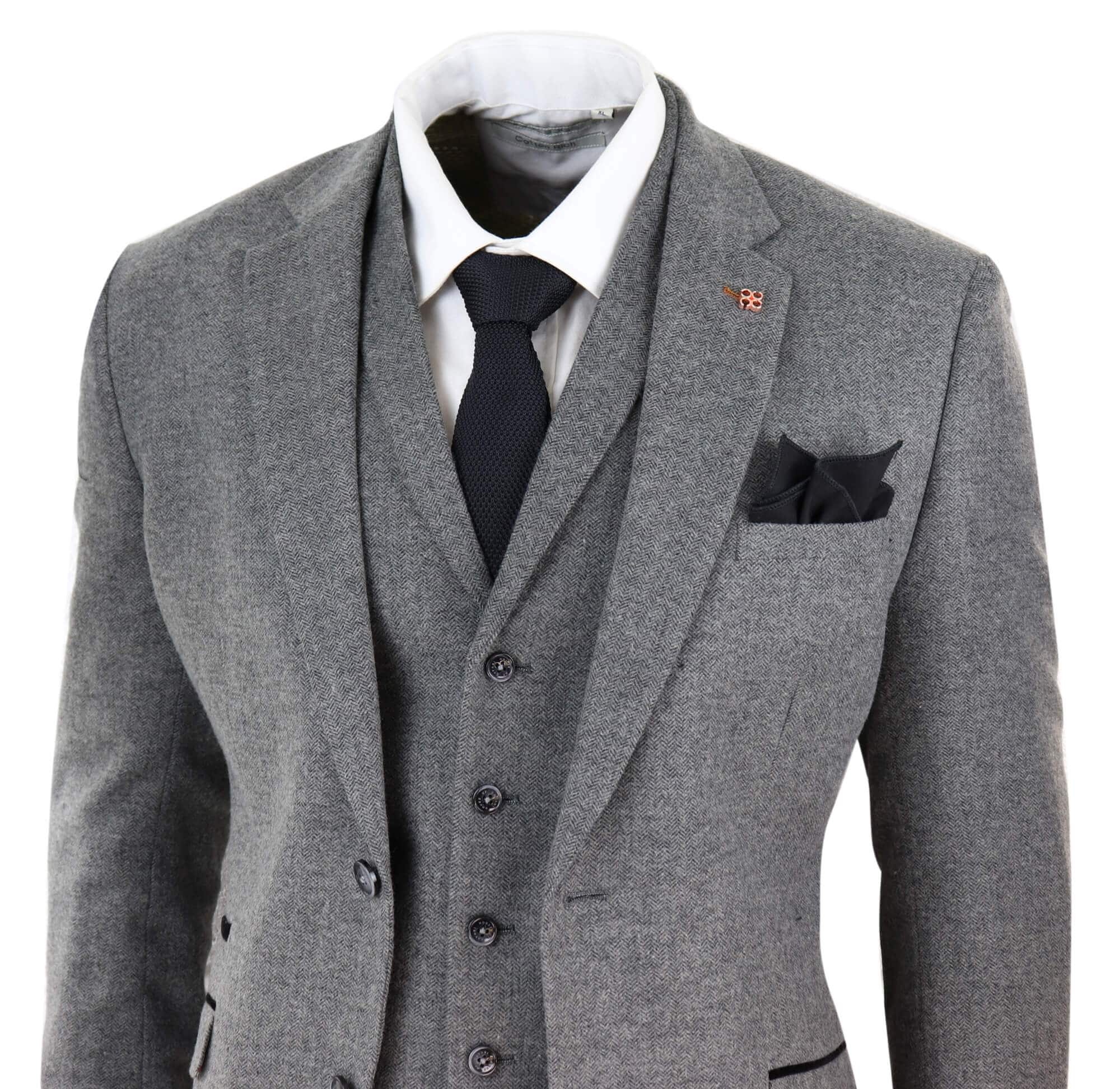 Mens Dark Grey Herringbone Tweed 3 Piece Suit