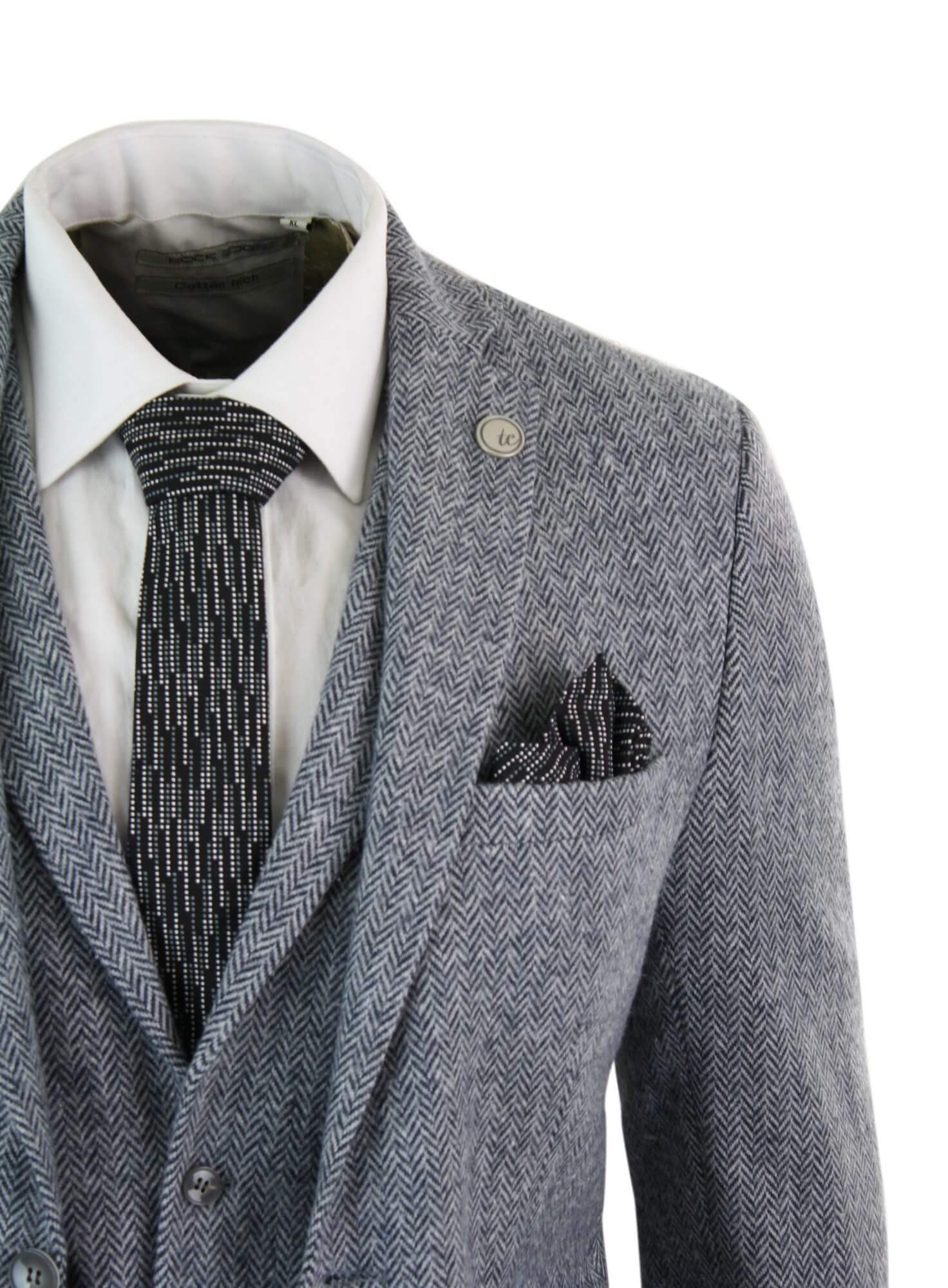 Men's Light Grey 3 Piece Tweed Herringbone Suit - STZ11