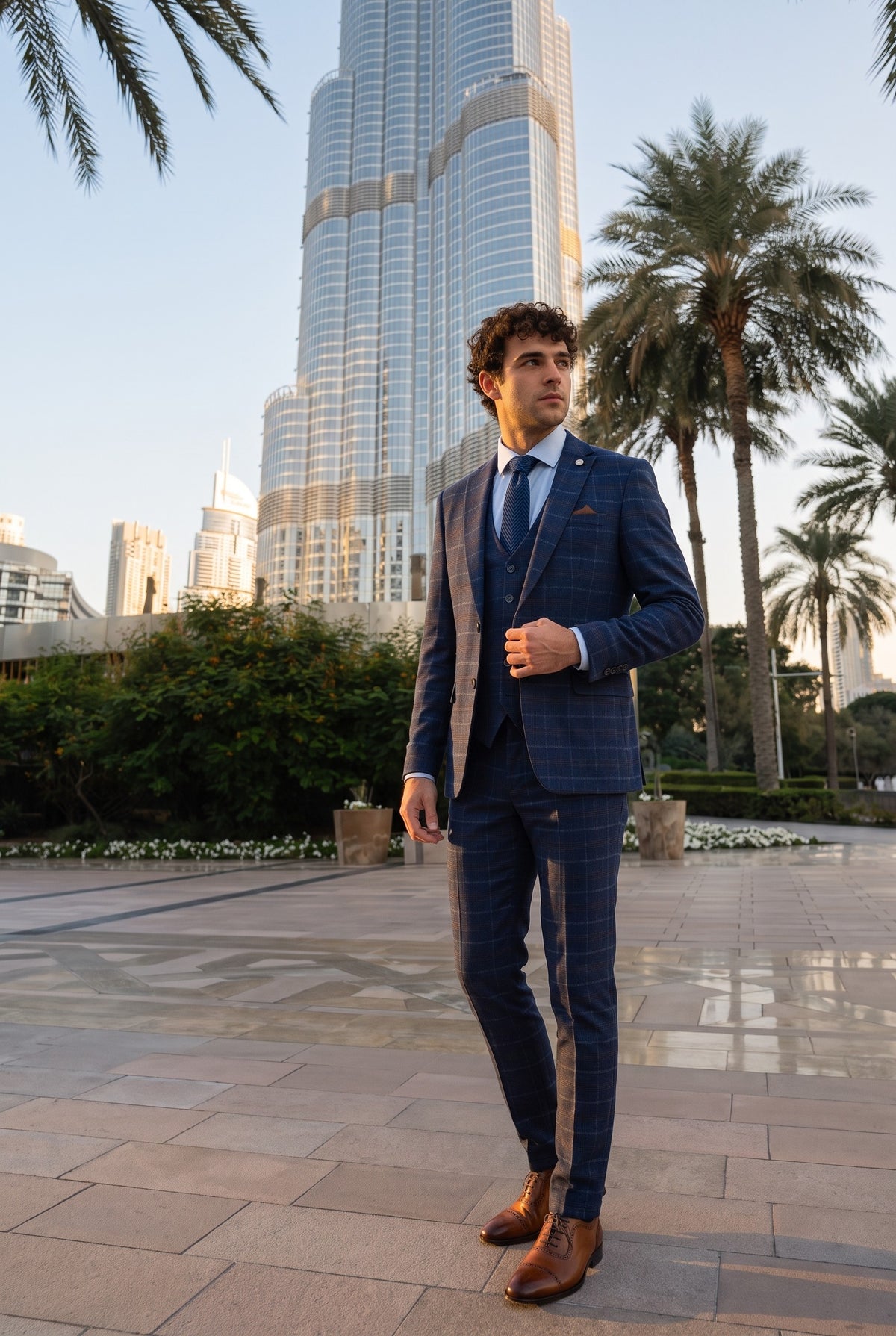 Look #978 styled with Marineblau karierter 3-teiliger Herrenanzug - Paul Andrew Kenneth