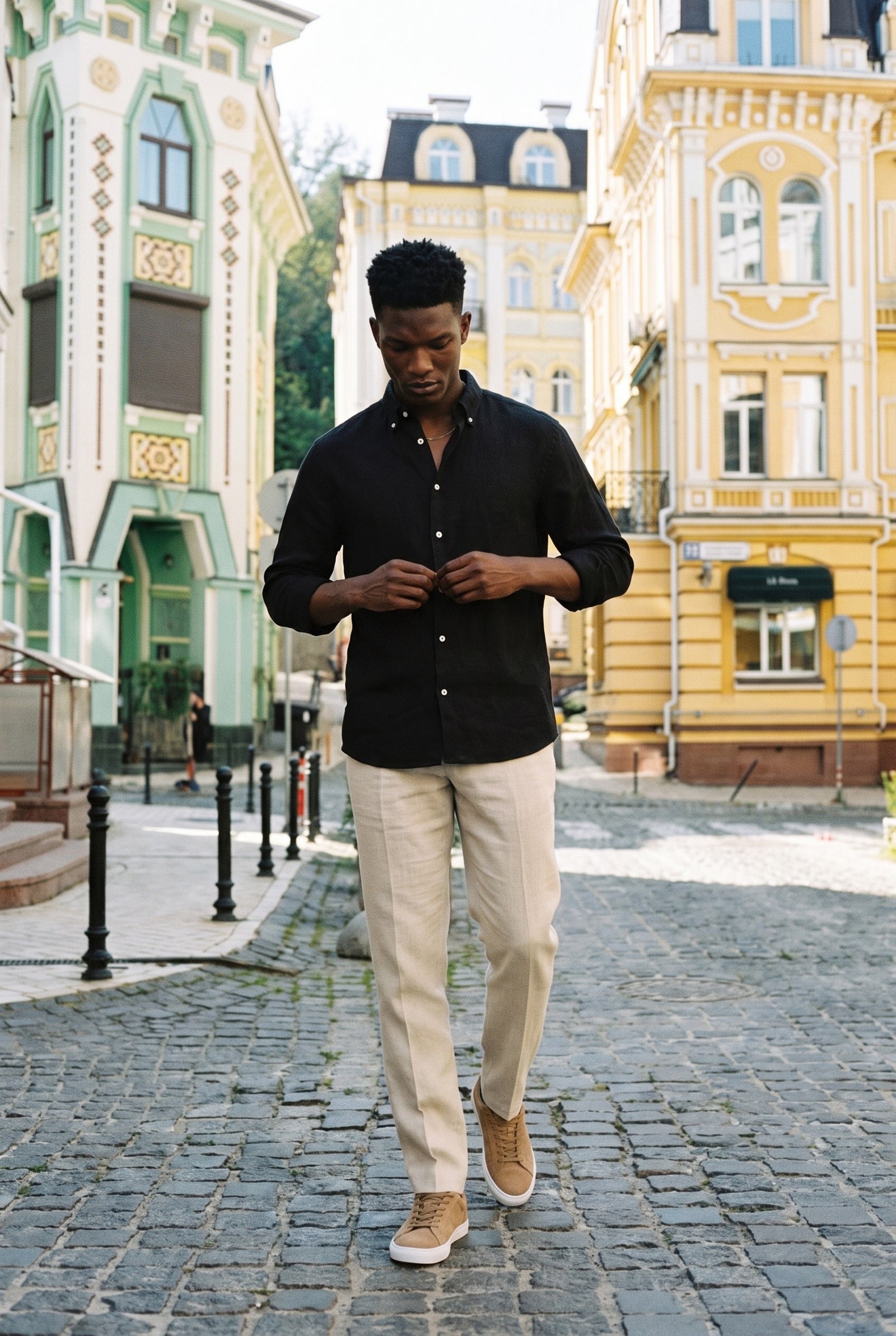Look #1015 styled with Beige Herrenhose aus 100 % Leinen mit Bundfalten und Kordelzug, bequeme, gerade Passform