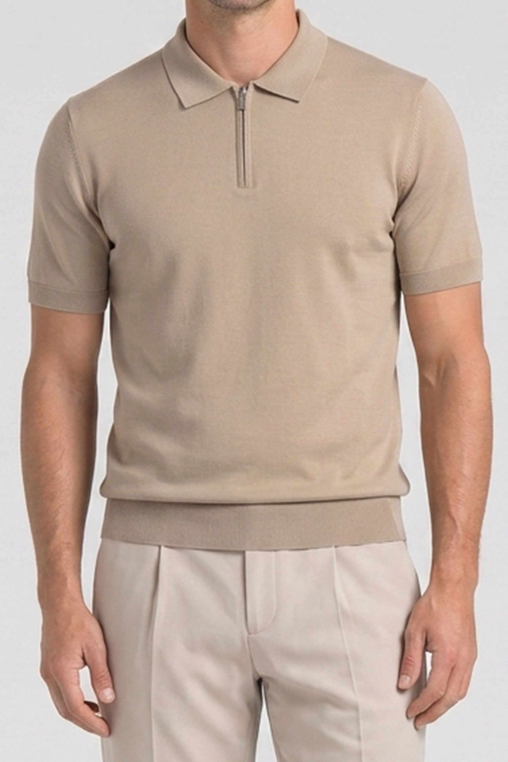 Beiges Poloshirt mit Reißverschlusskragen für Herren