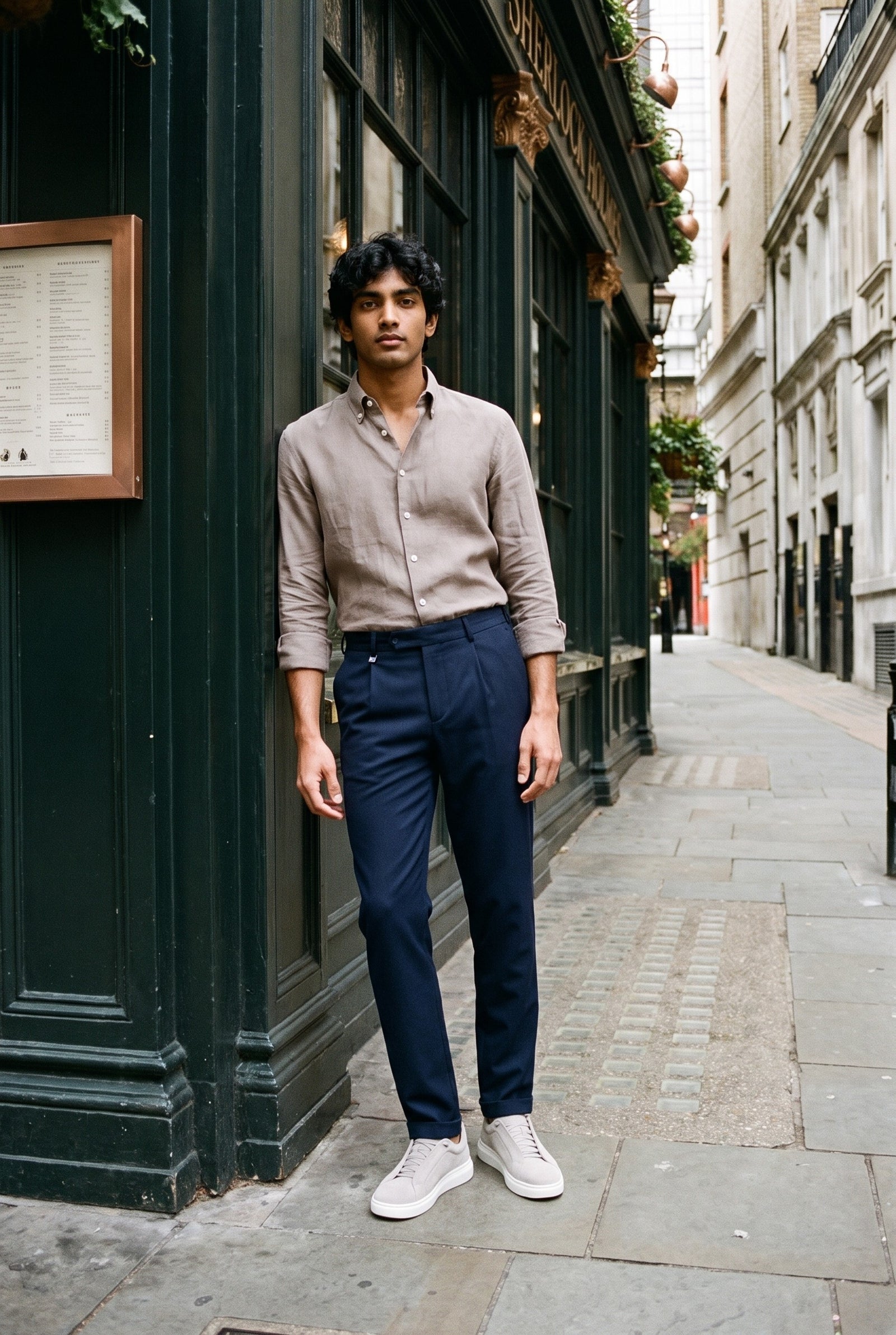 Look #1017 styled with Herrenhemd aus hellbraunem Leinen, langärmelig, mit Knopfleiste, Sommerhemd