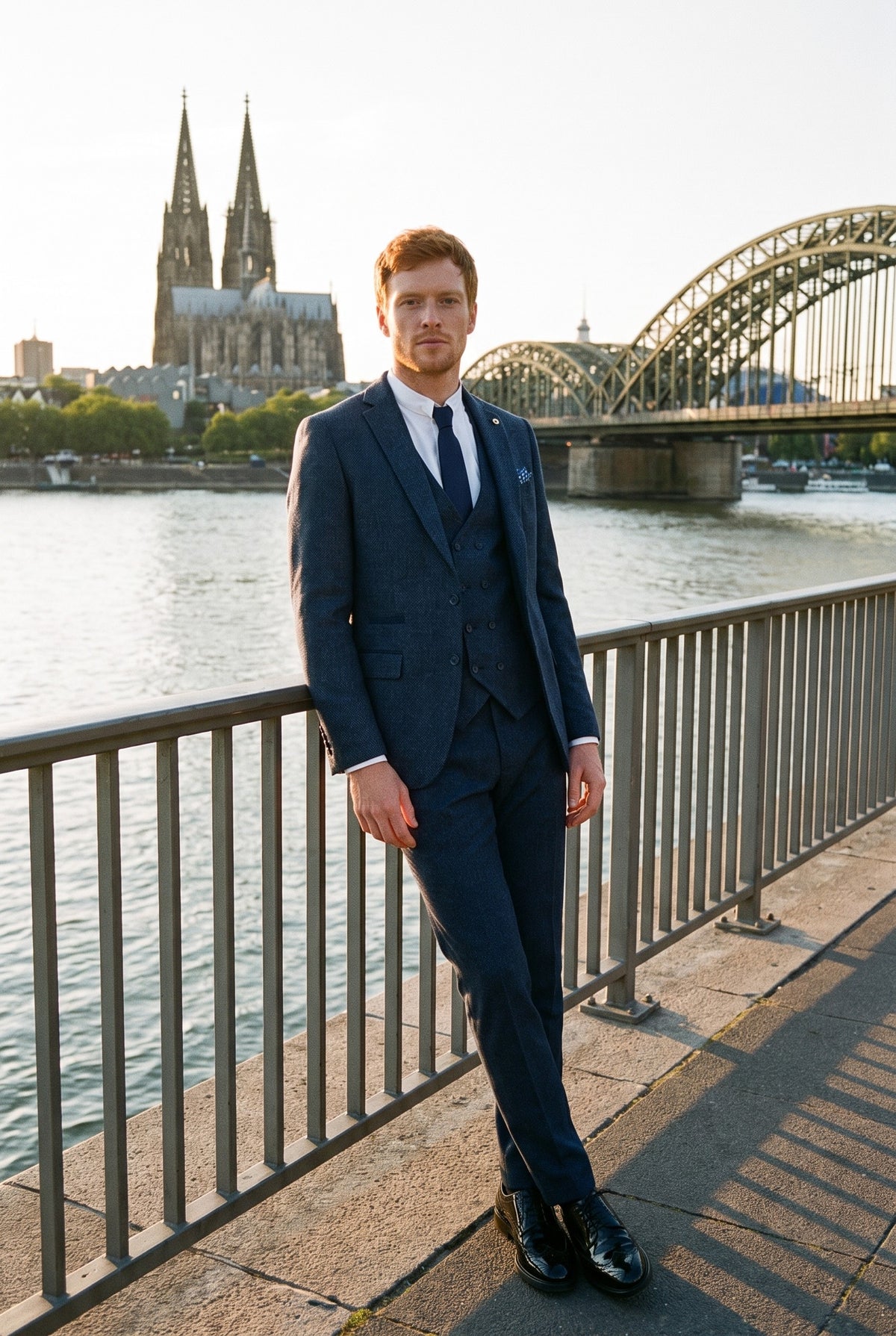 Look #382 styled with 3-teiliger Herrenanzug in Marineblau mit zweireihiger Weste