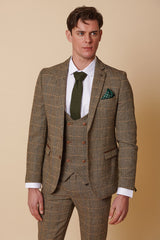 Herrenanzug, 3-teilig, Fischgrätenmuster, Tweed, hellbraun, kariert, maßgeschneiderte Passform, doppelt klassisch