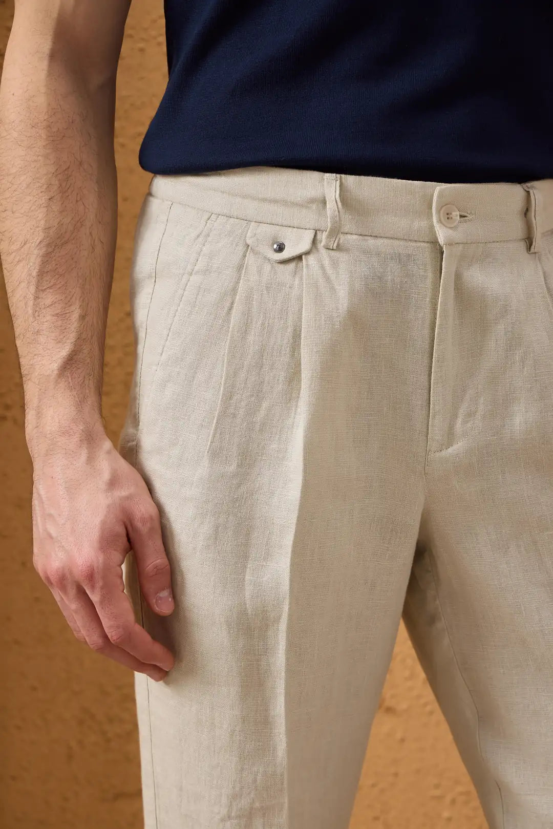 Beige Leinen-Anzug für Herren, elegant-lässig, 2-teilig, mit Reißverschluss vorne, Safari-Stil, Sommer
