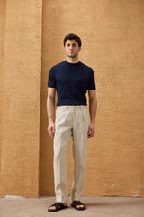 Beige Leinen-Anzug für Herren, elegant-lässig, 2-teilig, mit Reißverschluss vorne, Safari-Stil, Sommer