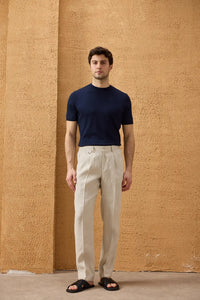 Beige Leinen-Anzug für Herren, elegant-lässig, 2-teilig, mit Reißverschluss vorne, Safari-Stil, Sommer