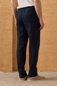 Herren-Leinenanzug in Marineblau, elegant-lässig, 2-teilig, mit Reißverschluss vorne, Safari-Stil, Sommer