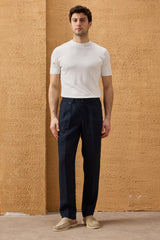 Herren-Hose aus 100 % Leinen in Marineblau mit Bundfalten und Kordelzug, bequeme, gerade Passform