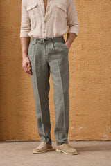 Herren-Leinenanzug in Salbeigrün, elegant-lässig, 2-teilig, mit Reißverschluss vorne, Safari-Stil, Sommer