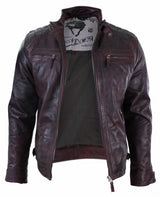 Real Leather Retro Style Zipped Mens Biker Jacket Soft Wine Vintage Look