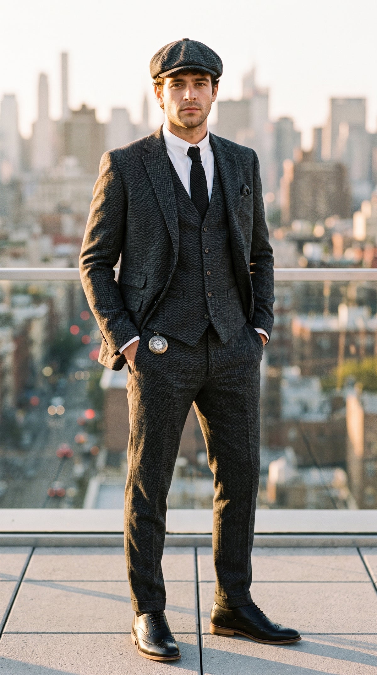 Look #830 styled with Anthrazitgrauer 3-teiliger Tweed-Anzug mit Fischgrätenmuster für Herren - STZ11