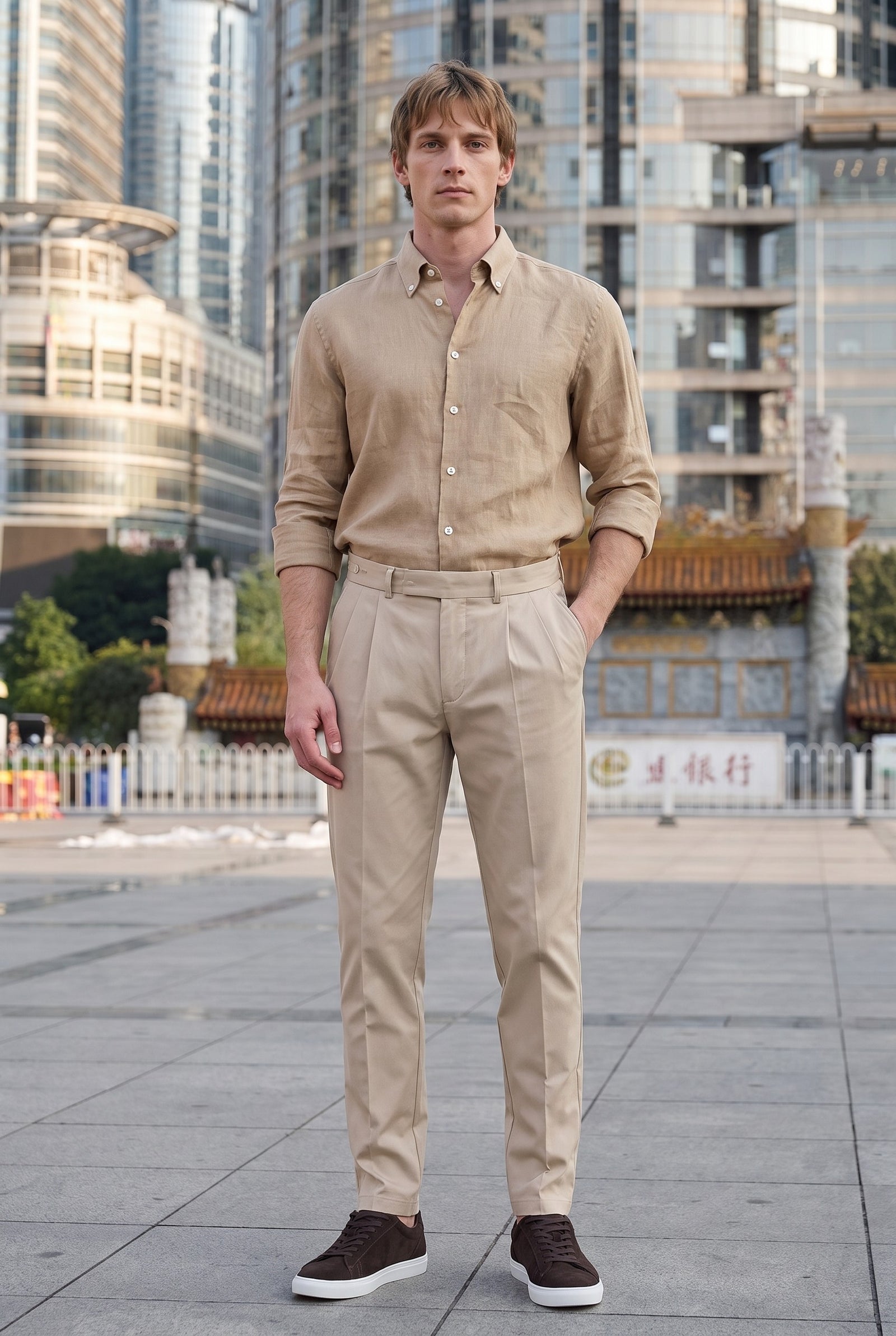 Look #1022 styled with Herrenhemd aus kamelbraunem Leinen, langärmelig, mit Knopfleiste, Sommerhemd
