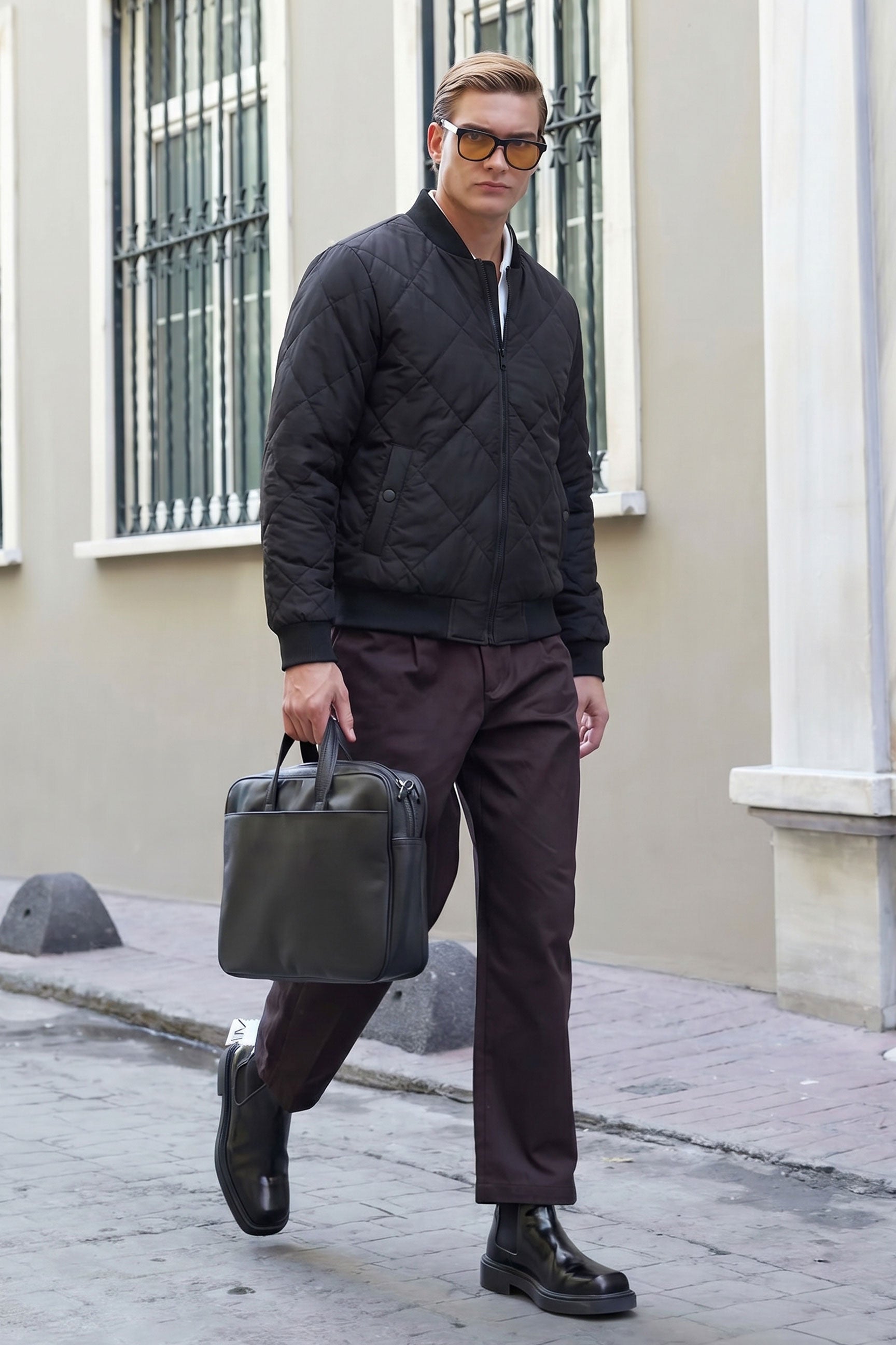 Schwarze und beige, wendbare Bomberjacke für Herren, leichte Steppjacke, 2-in-1