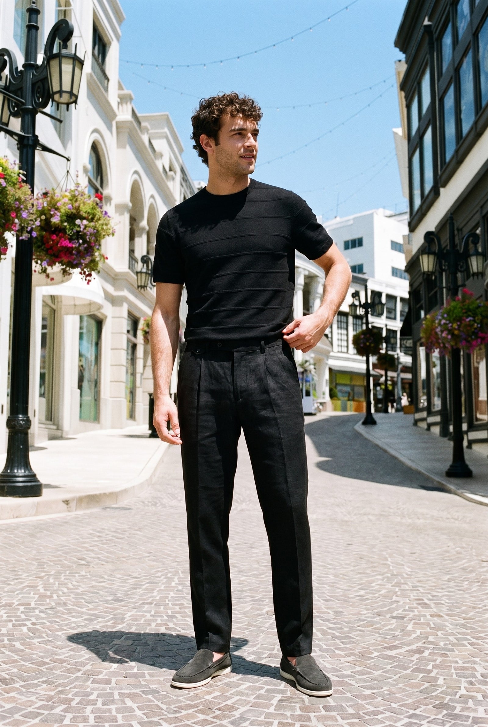 Look #876 styled with Schwarze Herrenhose aus 100 % Leinen mit Bundfalten und Kordelzug, bequeme, gerade Passform