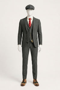Anthrazitgrauer 3-teiliger Tweed-Anzug mit Fischgrätenmuster für Herren - STZ11