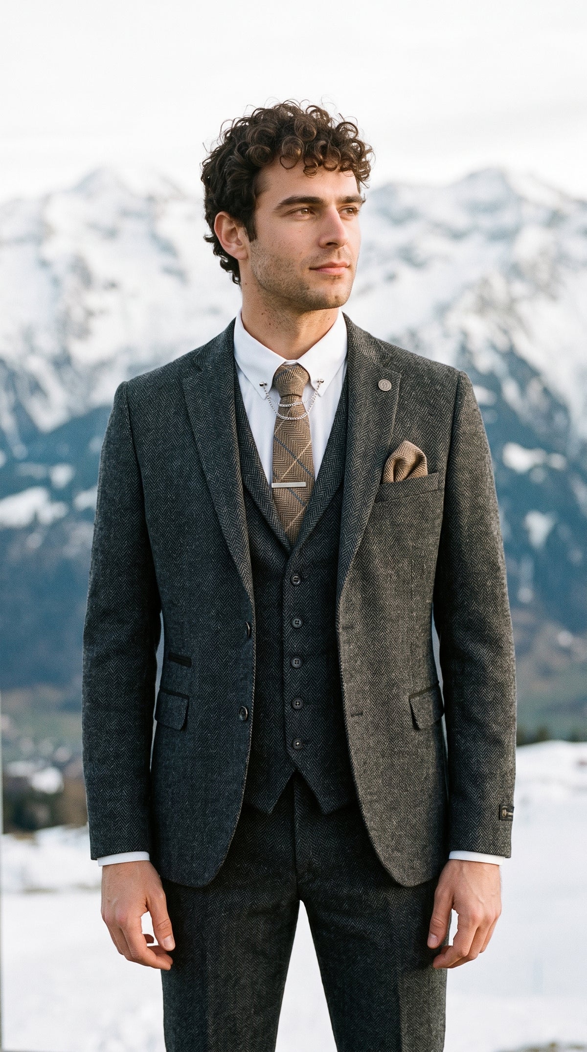 Look #637 styled with Anthrazitgrauer 3-teiliger Tweed-Anzug mit Fischgrätenmuster für Herren - STZ11