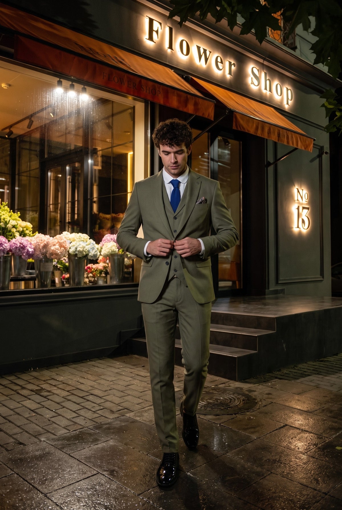 Look #158 styled with TP-22 Salbeigrüner 3-teiliger Sommerhochzeitsanzug aus Leinen für Herren