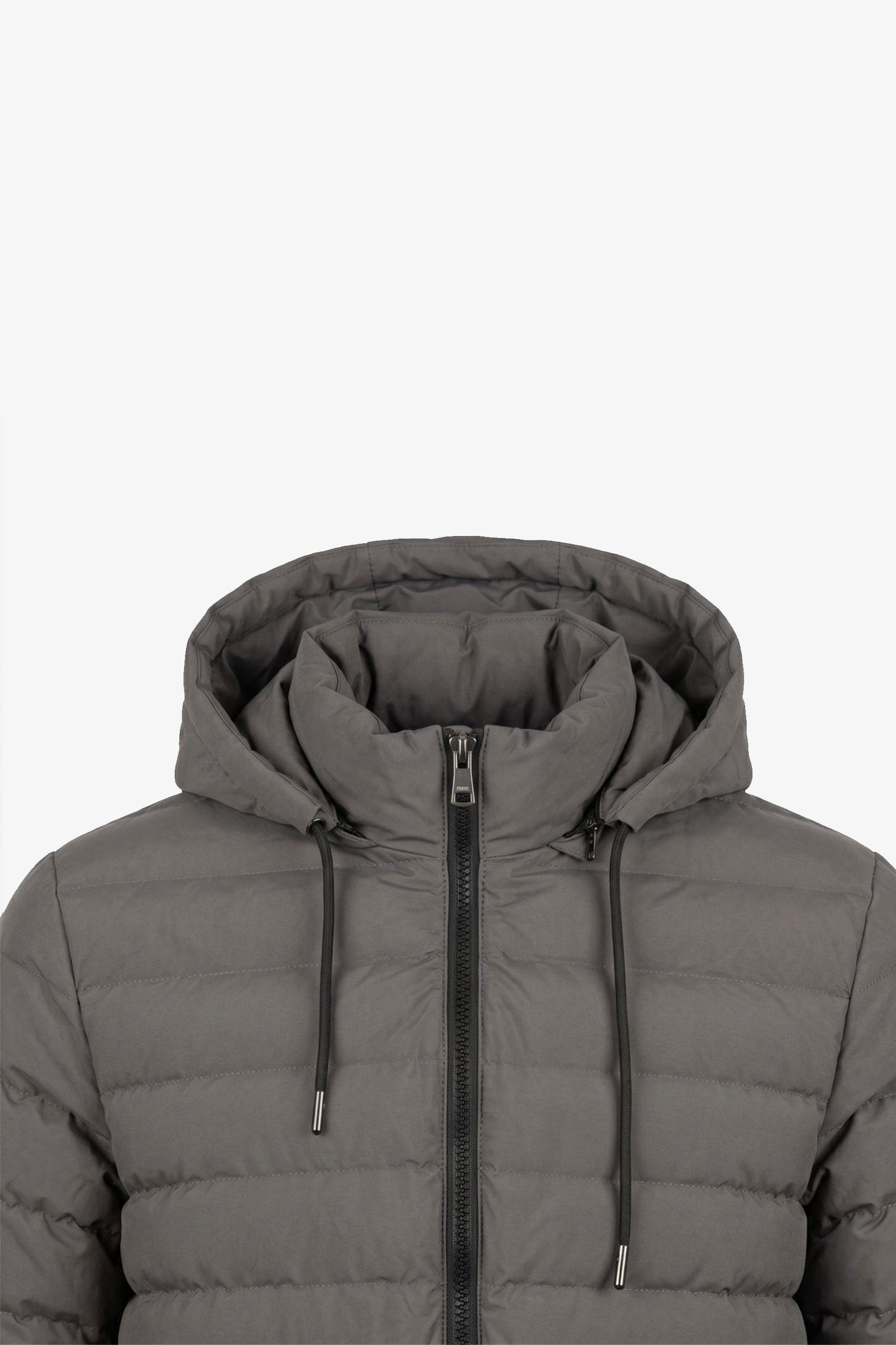 Graue Herren-Steppjacke mit Kapuze, leicht, gesteppt, mit Reißverschluss